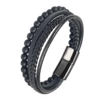 Pulseras de cordón de cuero artificial, Partículas de acero, con Cuero, pistola de color negro chapado, multicapa & pulsera trenzada & para hombre, Negro, 215mm, Vendido por UD