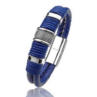 Pulseras de cordón de cuero artificial, Partículas de acero, con Cuero, chapado, Doble capa & pulsera trenzada & para hombre, azul, 215mm, Vendido por UD