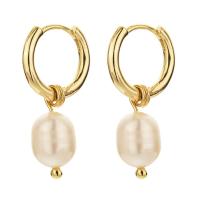 Huggie Hoop Drop Earring, laiton, avec perle d'eau douce cultivée, Plaqué d'or 14K, bijoux de mode & pour femme, 13mm, Vendu par paire