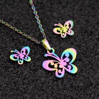 Fashion Stainless Steel Jewelry Sets, 304 Stainless Steel, Stud Earring & necklace, Butterfly, Vacuum Plating, 2 pieces & fashion jewelry & for woman, multi-colored, 20mm,10mm Approx 17.72 Inch 