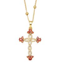 Collier en laiton cubique Zircon Micro Pave, avec 2 chaînes de rallonge, croix, Placage de couleur d'or, pavé de micro zircon & pour femme, plus de couleurs à choisir .7 pouce, Vendu par PC