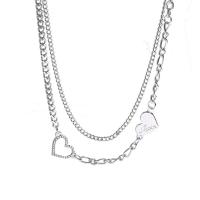 Titanium Steel Jewelry Necklace, with 5.8cm extender chain, Heart, polished, Double Layer & fashion jewelry & micro pave cubic zirconia & for woman, silver color Approx 40.5 cm 