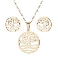 Fashion Stainless Steel Jewelry Sets, 304 Stainless Steel, Stud Earring & necklace, Round, Vacuum Ion Plating, 2 pieces & fashion jewelry & tree of life design & for woman cm 