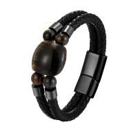 Leather Bracelet, with Tiger Eye & 316L Stainless Steel, plated, fashion jewelry & for man 