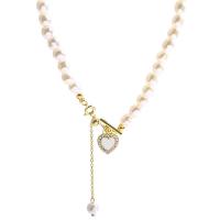 Collar de perlas de plástico, Perlas plásticas, con Partículas de acero, con 8.1cm extender cadena, Corazón, chapado en color dorado, Joyería & micro arcilla de zirconia cúbica & para mujer, Blanco, longitud:aproximado 36 cm, Vendido por UD