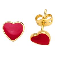 Brass Stud Earring, Heart, gold color plated, for woman & enamel 