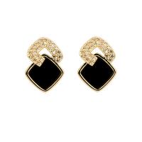 Cubic Zirconia Micro Pave Brass Earring, Square, gold color plated, fashion jewelry & micro pave cubic zirconia & for woman & enamel, black 