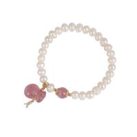 Kultivierten Süßwasser Perle Messing Armband, mit Natürliche kultivierte Süßwasserperlen & Strawberry Quartz, vergoldet, Modeschmuck & für Frau, 21*11mm,6mm, Länge:ca. 6.69 ZollInch, verkauft von PC