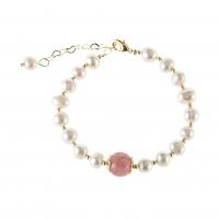 Kultivierten Süßwasser Perle Messing Armband, mit Natürliche kultivierte Süßwasserperlen & Strawberry Quartz, mit Verlängerungskettchen von 1.38inch, 14 K vergoldet, Modeschmuck & für Frau, Länge:ca. 6.3 ZollInch, verkauft von PC