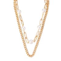 Chaîne en alliage de zinc de fer Collier Pull, avec perle de verre, Placage de couleur d'or, Double couche & pour femme, Or, 490mm, Vendu par PC