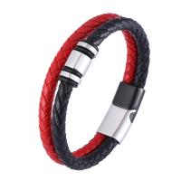 Cuero Pulsera, con acero inoxidable 316, Recubrimiento iónico al vacío, Doble capa & Joyería & longitud diferente para la opción & para hombre, negro y rojo, 12mm, Vendido por UD