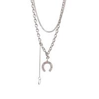 Titanium Steel Jewelry Necklace, with Zinc Alloy, with 5cm extender chain, Letter C, silver color plated, Double Layer & fashion jewelry & adjustable & for woman & with rhinestone, silver color cm, 44 cm 