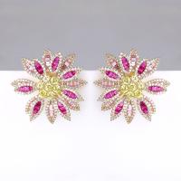 Cubic Zirconia Micro Pave Brass Earring, Flower, gold color plated, for woman & with cubic zirconia 