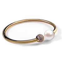 Brass Cuff Bangle, with Cubic Zirconia & Freshwater Pearl, Round, real gold plated, for woman, white, Inner Approx 58mm 