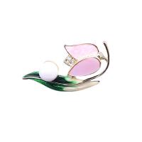 Rhinestone Zinc Alloy Brooch, with Plastic Pearl, Tulip, hand drawing, for woman & with rhinestone, two different colored 