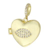 Pendentif médaillon en laiton, coeur, Placage de couleur d'or, peut s’ouvrir et mettre dans quelque chose & bijoux de mode & DIY & pavé de micro zircon & pour femme, doré Environ 3mm, Vendu par PC