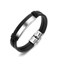 Partículas de acero Pulsera, con Cuero de vaca, Recubrimiento iónico al vacío, Doble capa & para hombre, Negro, 215mm, Vendido por UD