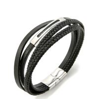 Partículas de acero Pulsera, con Cuero de vaca, Recubrimiento iónico al vacío, multicapa & para hombre, Negro, 210mm, Vendido por UD