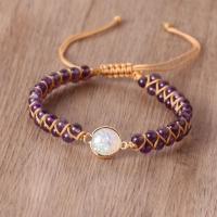 Gemstone Woven Ball Bracelets, Amethyst, with Polyester Cord & Sea Opal, polished, Adjustable & braided bracelet, purple, 4mm Approx 17-23 cm 