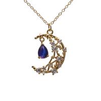 Collier en laiton cubique Zircon Micro Pave, avec cristal, avec 2 chaînes de rallonge, Lune et Etoile, Placage de couleur d'or, pavé de micro zircon & pour femme, plus de couleurs à choisir .7 pouce, Vendu par PC