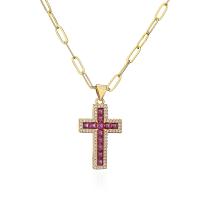 Collier en laiton cubique Zircon Micro Pave, croix, Plaqué or 18K, pavé de micro zircon & pour femme, plus de couleurs à choisir Environ 17.7 pouce, Vendu par PC