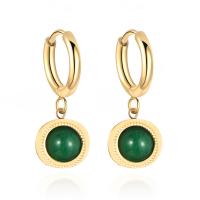 Huggie Hoop Drop Earring, Titanium Steel, with Green Agate, 14K gold plated, fashion jewelry & for woman, green, 25mm 