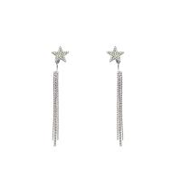 Moda flecos pendientes, aleación de zinc, Estrella, chapado en plata de alta calidad, Joyería & para mujer & con diamantes de imitación, plateado, 14x86mm, Vendido por Par