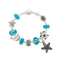 Europeo pulseras de cristal mixto, Cristal de murano, con aleación de zinc, chapado en platina real, diverso tamaño para la opción & para mujer, azul, Vendido por UD