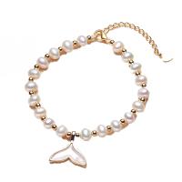 Kultivierten Süßwasser Perle Messing Armband, Natürliche kultivierte Süßwasserperlen, mit Messing, mit Verlängerungskettchen von 4cm, Meerjungfrau Schwanz, 14 K vergoldet, Natürliche & Modeschmuck & für Frau, zwei verschiedenfarbige, 5-6mm, Länge:16 cm, verkauft von Strang