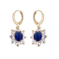 Huggie Hoop Drop Earring, Zinc Alloy, with Sapphire, Flower, gold color plated, fashion jewelry & high quality plated & for woman & with rhinestone, blue, 34mm 