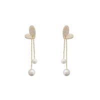 Moda flecos pendientes, metal, con Perlas plásticas, Corazón, chapado en color dorado, Joyería & micro arcilla de zirconia cúbica & para mujer, dorado, 12x42mm, Vendido por Par