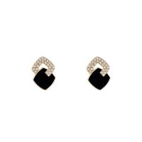 arete de aleación de zinc con diamante de imitación, Cuadrado, color del oro de la alta calidad chapado, Joyería & para mujer & esmalte & con diamantes de imitación, Negro, 11x16mm, Vendido por Par