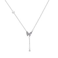 Titanium Steel Jewelry Necklace, with 4.8cm extender chain, Butterfly, platinum color plated, fashion jewelry & adjustable & micro pave cubic zirconia & for woman, platinum color Approx 36 cm 