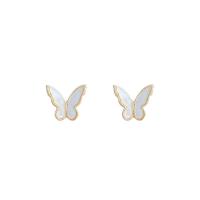 Brass Stud Earring, with White Shell, Butterfly, gold color plated, fashion jewelry & for woman, white 