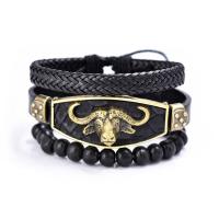 Cowhide Bracelet Set, with Wood & Zinc Alloy, handmade, Adjustable & fashion jewelry & for man, black 