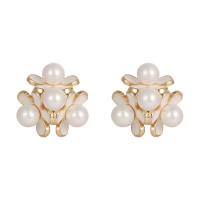 Brass Stud Earring, with Plastic Pearl, Flower, 14K gold plated, DIY & enamel 