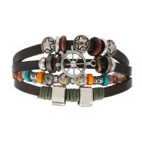 PU Leather Cord Bracelets, with Wood & Zinc Alloy, silver color plated, multilayer & folk style & Unisex, dark brown .1 Inch 