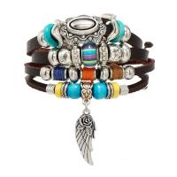 PU Leather Cord Bracelets, with Wood & Zinc Alloy, silver color plated, multilayer & folk style & Unisex, dark brown .1 Inch 