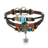 PU Leather Cord Bracelets, with turquoise & Wood & Zinc Alloy, plated, multilayer & folk style & Unisex, dark brown .1 Inch 