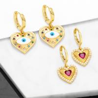 Huggie Hoop Drop Earring, Brass, Heart, 18K gold plated & micro pave cubic zirconia & for woman & enamel, mixed colors 