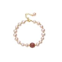 Kultivierten Süßwasser Perle Messing Armband, mit Natürliche kultivierte Süßwasserperlen & Strawberry Quartz, mit Verlängerungskettchen von 1.97inch, Modeschmuck & verschiedene Stile für Wahl & für Frau, goldfarben, Länge:ca. 6.69 ZollInch, verkauft von Strang