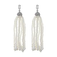 Moda flecos pendientes, Perlas plásticas, con aleación de zinc, chapado en color de plata, Joyería & para mujer, Blanco, 105mm, Vendido por Par