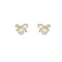 Zinc alliage strass Stud Earring, alliage de zinc, avec Plastique ABS perle, Noeud papillon, fade et jamais plaqué de haute qualité, bijoux de mode & pour femme & avec strass, doré Vendu par paire