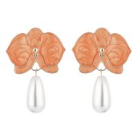 Boucle d'oreille en alliage de zinc en plastique perle, avec perle de plastique, fleur, Placage de couleur d'or, bijoux de mode & pour femme & émail, plus de couleurs à choisir Vendu par paire