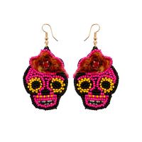 Glass Seed Beads Earring, Seedbead, with Sequins & Crystal & Brass, Skull, handmade, Halloween Design & for woman, rose carmine 