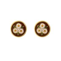 Brass Stud Earring, Flat Round, gold color plated, with flower pattern & for woman & enamel, wine red color 