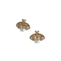 Boucle d'oreille en alliage de zinc en plastique perle, avec Shell Pearl, abeille, Placage de couleur d'or, pour femme Vendu par paire