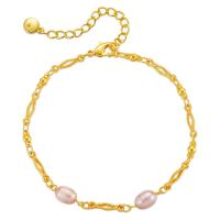 Kultivierten Süßwasser Perle Messing Armband, mit Natürliche kultivierte Süßwasserperlen, mit Verlängerungskettchen von 2.36inch, 18K vergoldet, Modeschmuck & für Frau, goldfarben, Länge:ca. 6.49 ZollInch, verkauft von PC