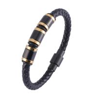 Cuero Pulsera, con acero inoxidable 316, Donut, Recubrimiento iónico al vacío, Joyería & longitud diferente para la opción & para hombre, Negro, 6mm, Vendido por UD