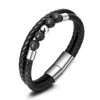 Partículas de acero Pulsera, con Piedra natural & Cuero de vaca, barniz de secado al horno, pulsera trenzada & diferentes materiales para la opción & para hombre, Negro, 210mm, Vendido por UD